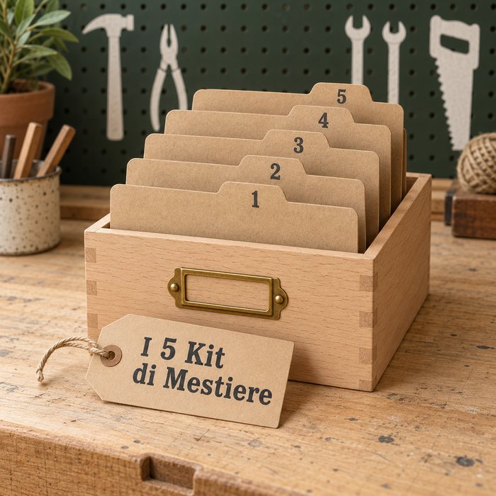 Cinque cartelle di cartone numerate, una per mestiere