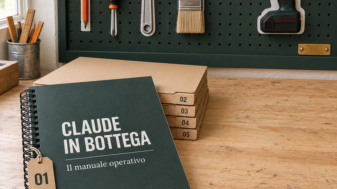 Il manuale Claude in Bottega appoggiato su un banco da lavoro, davanti a un pannello con gli attrezzi